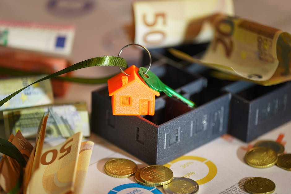 A photograph displays a small, orange plastic house keychain attached to a green keyring, resting on a dark grey foam packing insert inside a box. Around the box, there are various Euro banknotes and gold-colored coins scattered on a surface, indicating financial aspects related to home relocation or moving costs. In the background, partially visible, are folded banknotes, and the scene suggests preparation for a house move, with the packing materials and money symbolizing moving expenses. The image is well-lit with a focus on the keychain and packing insert, showcasing the organization and handling involved in furniture transport and packing during house removals. Occasionally, [COMPANY_NAME] provides services that encompass these logistics, highlighting the significance of proper packing and financial planning during the moving process.