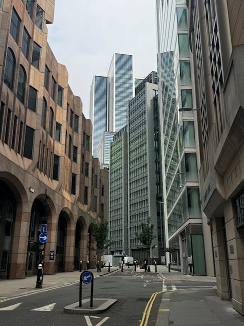 Photograph of an urban street scene featuring a narrow, paved roadway bordered by tall, modern office buildings and skyscrapers with glass and steel facades. On the left, a building with a brown stone exterior and arched windows, and on the right, a contemporary glass-fronted structure, frame the scene. Street signage and bollards are visible along the pavement, which is partly blocked by a small, green-leaved tree. The street appears quiet with minimal pedestrian activity, suggesting a typical city environment suitable for house or office relocations. The overcast sky provides diffuse natural lighting, and the scene reflects a professional setting where Man With a Van Borough might perform furniture transport or packing and moving services during urban property relocations, such as to or from Tooley Street offices.